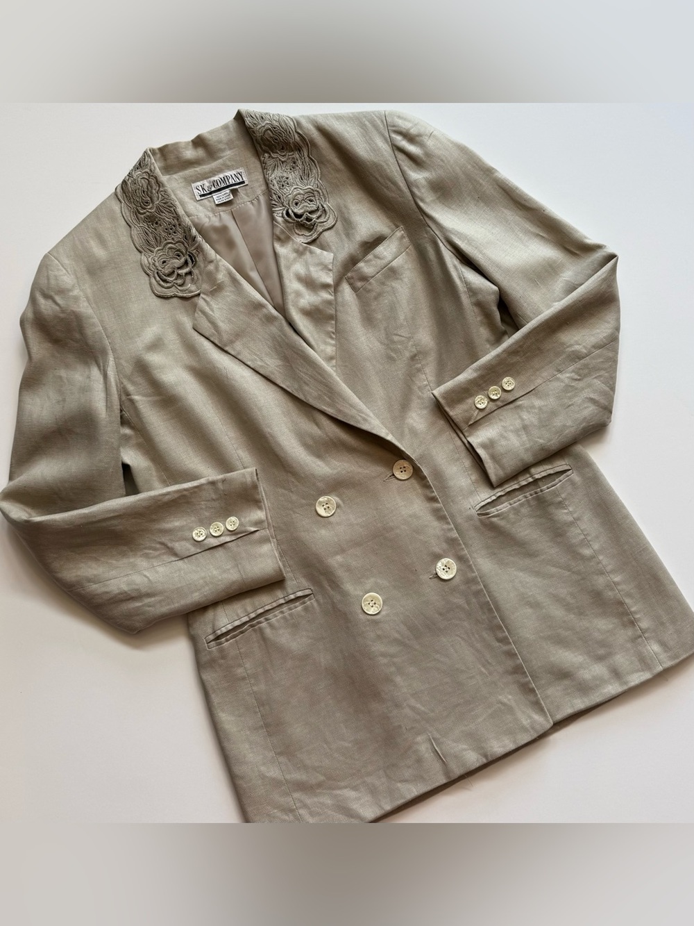 Vintage SK & Company Double Breasted 100% Linen Blazer Tan Women’s 10 Floral